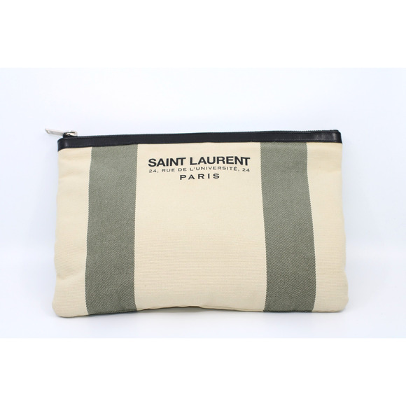 D0 Flawless YSL Saint Laurent Clutch Bag Pouch Beige Khaki Canvas Leather - Picture 1 of 6